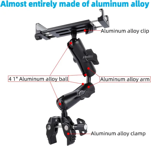 Vista 3 de Soporte de aluminio para tableta de doble brazo con súper abrazadera para rieles de 0.5 a 2 pulgadas de diámetro, soporte de tableta de montaje