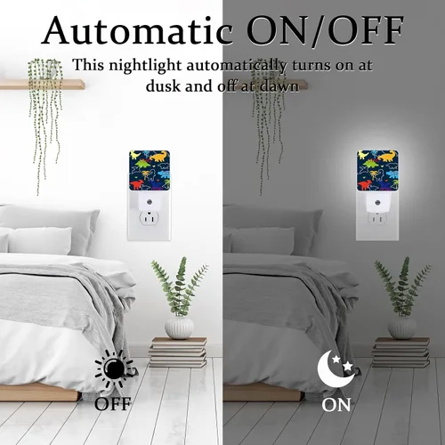 Vista 6 de Luz nocturna de dinosaurio, lámpara nocturna de pared enchufable con sensor de atardecer a amanecer, lámpara LED de 0.5 W de eficiencia energética