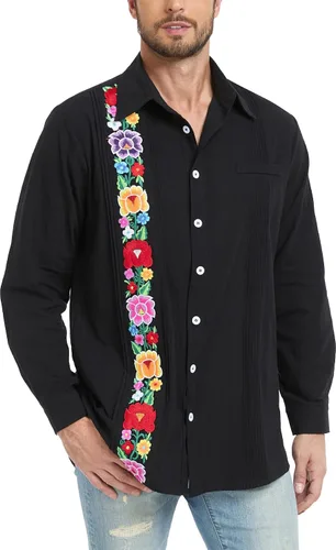 Vista 7 de YZXDORWJ Camisas mexicanas para hombre, camisa de guayabera cubana, casual, manga larga, bordada, de lino, para verano, playa