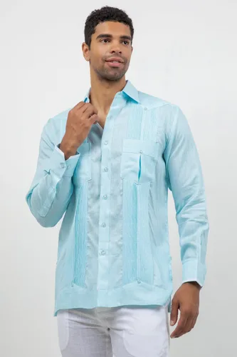 Vista 2 de Mojito - Guayabera de manga larga para hombre, 100% lino, panel de contraste y pliegues tonales Agua