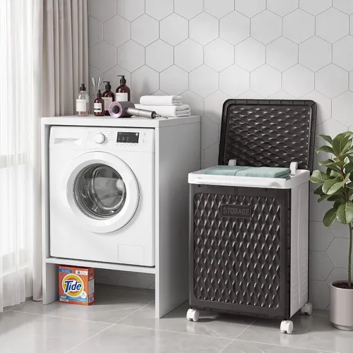 Vista 2 de VECELO Cesta de lavandería con ruedas y tapa, cesta plegable de plástico con asa, carrito de lavandería dividido rodante para espacios pequeños Negro
