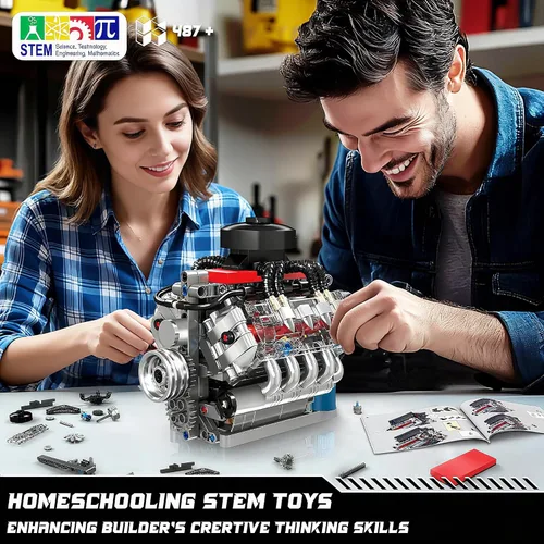 Vista 5 de Mould King Kit de modelo de motor V8 10171, mini kits de motor V8 que funciona, construye tu propio motor de modelo de automóvil con motor, bloques