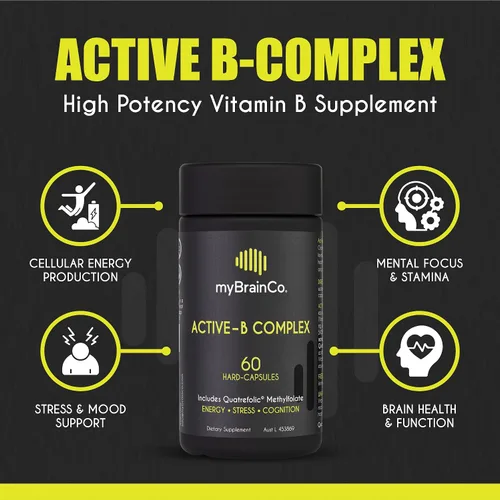 Vista 4 de myBrainCo. Complejo Active-B – Suplemento de vitamina B activada de alta resistencia con folato B2, B6, B12 y metilo – Apoya la energía, la función