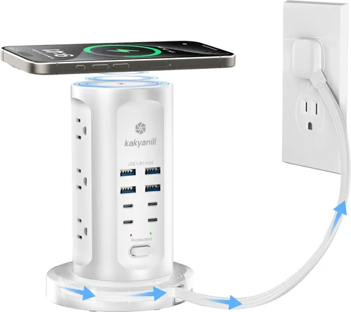 Vista 8 de Kakyanill Estación de carga USB de 30 W, torre de regleta de alimentación, 9 salidas de CA con 8 puertos USB (4 USB-C), cable de extensión retráctil