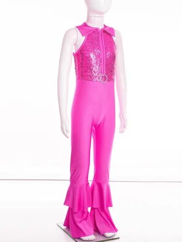 Vista 10 de JEATHA Mono de discoteca hippie brillante de los años 70 para niñas y niñas, con lentejuelas brillantes, disfraz de baile funky