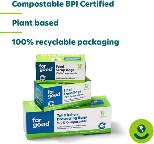Vista 3 de for: good Bolsas de basura compostables para cocina de 13 galones de alto, forro biodegradable con cordón, bolsas de basura extra fuertes