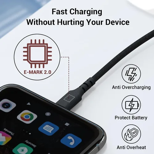 Vista 5 de Cable USB C de 240 W, cable USB C a USB C de 6.6 pies, cable de nailon trenzado de alta elasticidad tipo C 5A, cable de carga rápida compatible