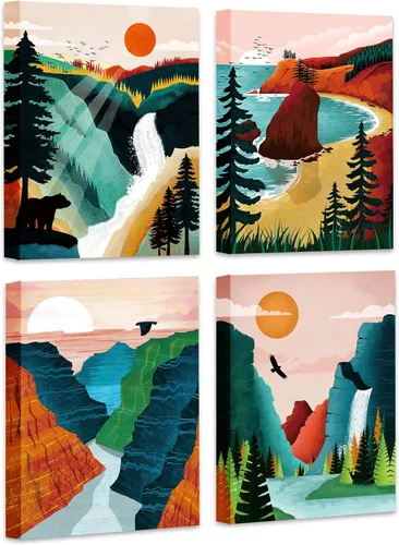 Vista 10 de TANXM 4 piezas de arte de pared de bosque a cuadros rojos y negros, impresiones de citas de aventuras salvajes con ciervo, oso lobo, decoración