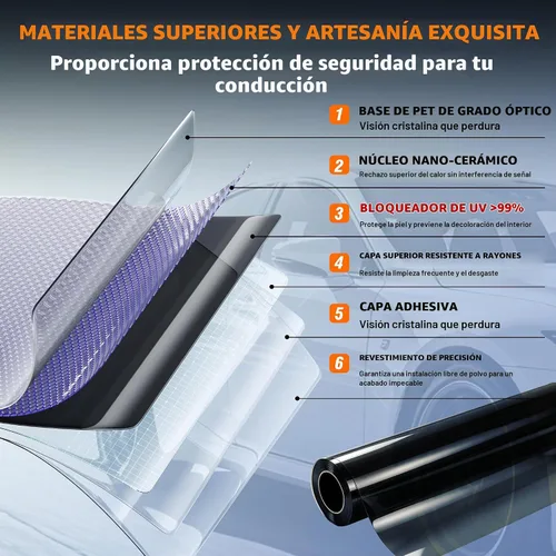 Vista 4 de Película de tinte para ventanas de coche, 20% VLT, 30" de ancho x 15' de largo, película de ventana de cerámica, bloquea el 99% de los rayos UV e
