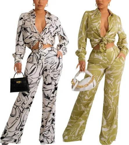 Vista 7 de DinyIn Women's Casual Sexy 2 Pieces Outfits Lantern Sleeve Button Up Shirt Blouses Top Long Pants Clubwear Party Set