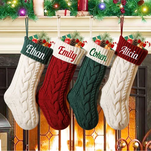 Vista 15 de Calcetín de Navidad Personalizado Grande Tejido Personalizado Bordado con Nombre Calcetín de Navidad para Familia Niños Mascotas Decoración