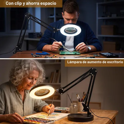 Vista 4 de Akynite Lupa 12X con luz y soporte, 5 colores 9 niveles regulables