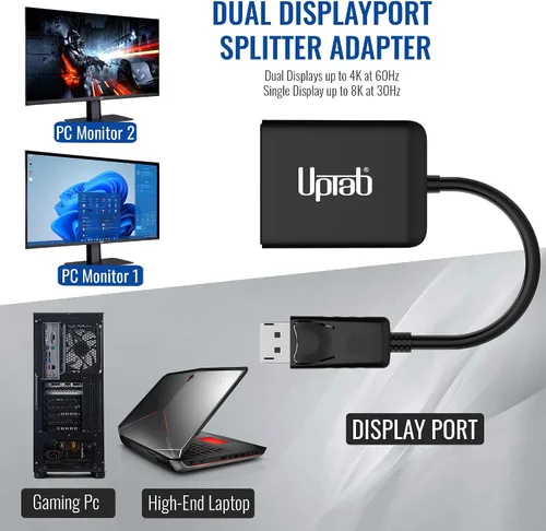 Vista 4 de uptab Adaptador DisplayPort a Dual DisplayPort 8K Multi Monitor Splitter, Convertidor Multi-Stream Transport (MST) Hub, DP a 2X DP