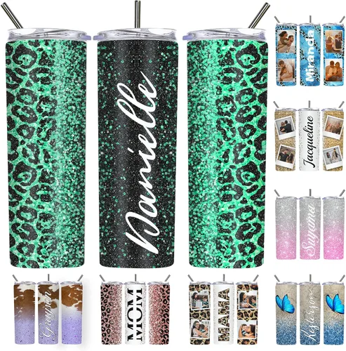 Vista 11 de Vaso delgado personalizado con purpurina con tapas y popotes, nombres, vasos de acero inoxidable personalizados con imagen para mujeres, hombres