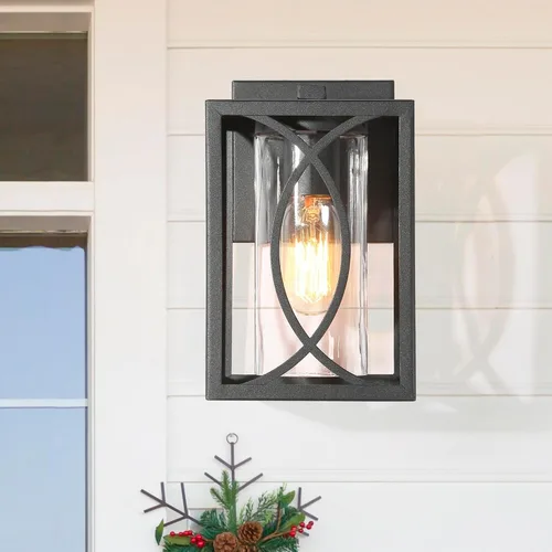Vista 13 de Luces de pared negras para exteriores, moderna linterna de pared exterior de granja con pantalla de vidrio esmerilado, luces cuadradas resistentes a