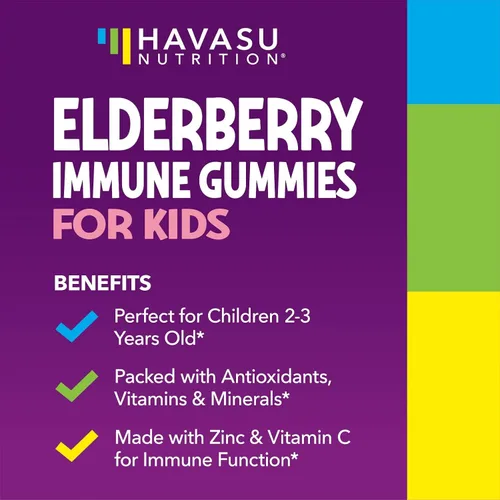 Vista 3 de Gomitas de saúco para niños con zinc y vitamina C, suplemento de apoyo inmunológico para niños, 60 unidades, vegano, sabor a bayas, conveniente