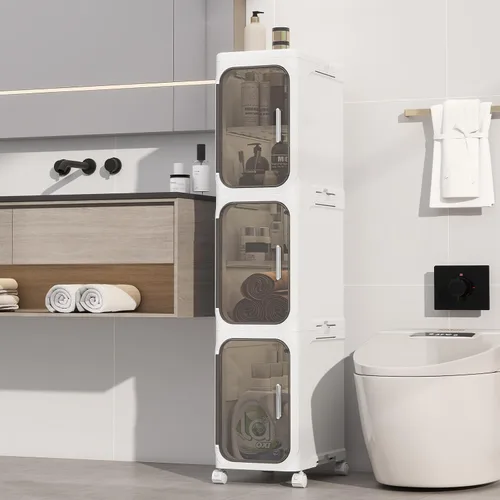 Vista 9 de KHNR Armario de almacenamiento de baño delgado de 2 niveles, gabinetes de almacenamiento plegables, almacenamiento de baño estrecho, organizador