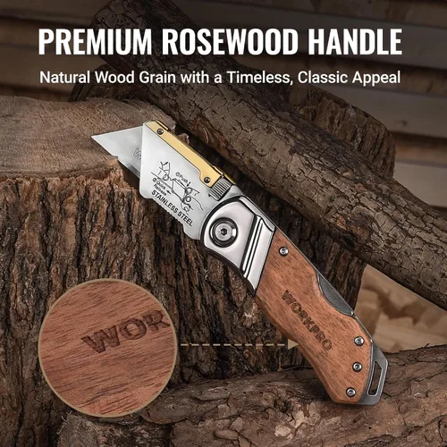Vista 3 de WORKPRO Cuchillo utilitario plegable con clip para cinturón y cuchillas adicionales de 10 piezas, mango de madera, cortador resistente, cambio