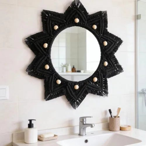 Vista 9 de TENEWEE - Espejo de pared colgante redondo de macramé bohemio Handmade woven, black, wall hanging HD glass; entryway, bedroom, apartment, hallway