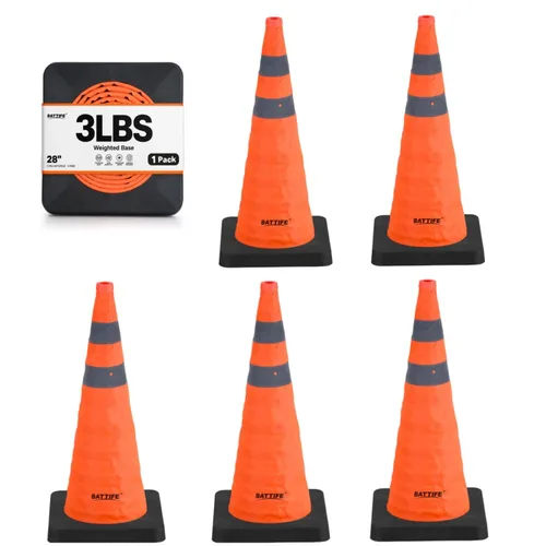 Vista 14 de BATTIFE [1 Paquete] Conos azules plegables de seguridad de tráfico de 28 pulgadas con base negra pesada, conos emergentes multiusos con collar