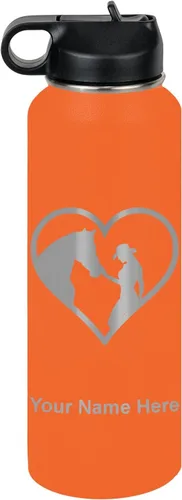 Vista 41 de LaserGram Botella de agua personalizada, corazón de vaquera de caballo, acero inoxidable de doble pared aislada al vacío con popote superior, regalo