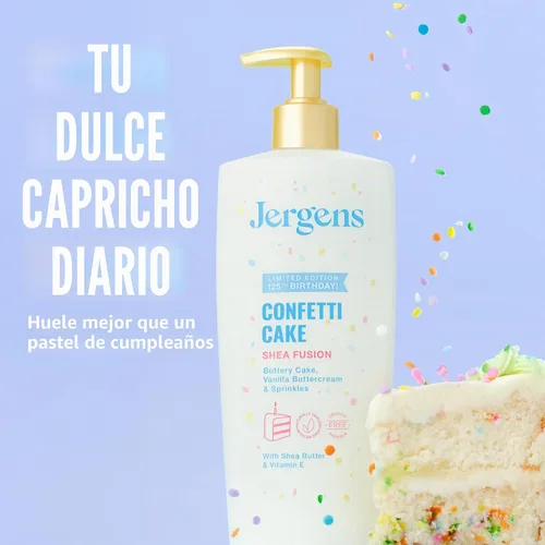 Vista 2 de Jergens Loción corporal de pastel de confeti de Shea Fusion, 14 fl oz Para pieles secas, loción corporal hidratante con manteca de karité