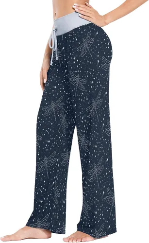 Vista 2 de Pantalones de pijama para mujer, cómodos, casuales, estilo palazzo, con cordón, de pierna ancha Color 1