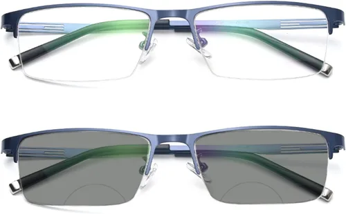Vista 8 de Negocios Casual Hombres Ultraligero Metal Cuadrado Medio Marco Transición Bifocal Lente Gris Gafas de Lectura Presbíopes