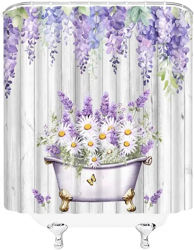 Vista 3 de Cortina de ducha de lavanda con flores moradas, tablero de madera rústico de granja, juego de cortinas de decoración de baño con ganchos