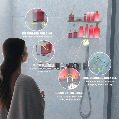 Vista 2 de Estantes acrílicos para baño, paquete de 2 estantes flotantes transparentes para ducha con ganchos transparentes montados en la pared, sin