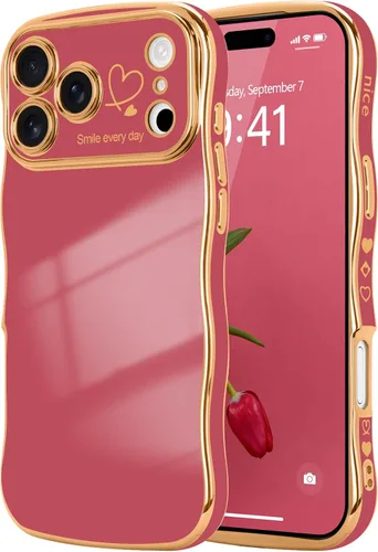 Vista 73 de LCHULLE - Funda para iPhone Air, linda para mujeres y niñas, con forma de onda, color azul bebé Luxury Plating Curly Wavy Frame with Love Heart
