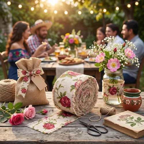 Vista 3 de HEEPDD - Cinta de arpillera con estampado de rosas, correa de yute de 32.8 pies de largo x 2 pulgadas de ancho DIY Printed Belt Strap Wedding