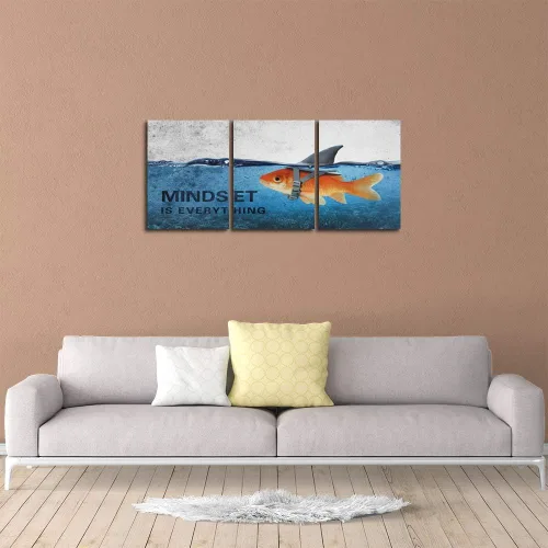 Vista 6 de 3 Paneles de Arte de Pared en Lienzo Inspiracional Enmarcado Moderno Pez Dorado Cuerpo Fuerte Corazón de Tiburón La Mentalidad lo es Todo Carteles