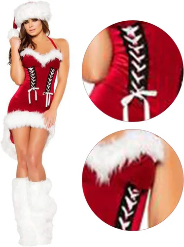 Vista 2 de UYISMML 4Pcs Women's Santa Costume Sexy Santa Costume for Women Santa Claus Christmas Dress Suit with Velvet Dress Hat and Leg Warmers, One