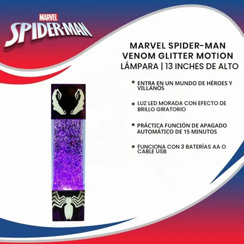 Vista 5 de Ukonic Marvel Spider-Man Venom - Luz de humor con purpurina Lámpara de mesa de noche con luz LED para dormitorio, escritorio, sala de estar
