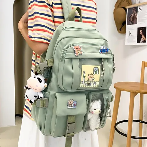 Vista 3 de Linda mochila Kawaii para niñas, mochila escolar kawaii, mochila escolar de anime, llavero colgante mochila de viaje, Verde, Lindo