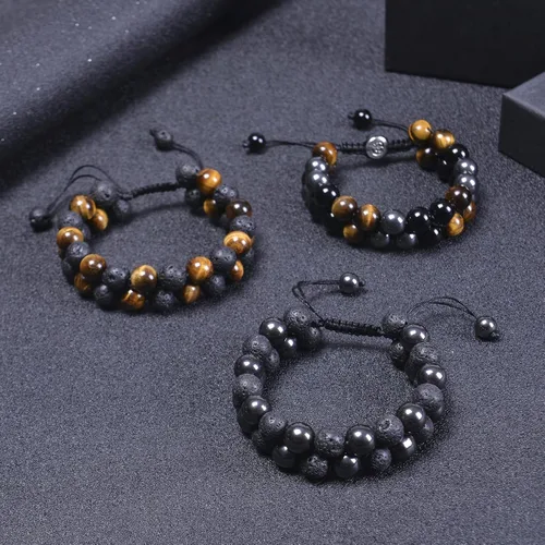 Vista 8 de Brazalete GelConnie de piedras de lava, 7 chakras, 0.32 pulgadas, piedra natural, para curación, alivio del estrés, yoga, ansiedad, aromaterapia