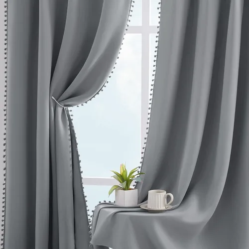 Vista 7 de HOMEIDEAS Cortinas opacas con pompones grises de 52 x 63 pulgadas de largo, con ojales, para oscurecer la habitación, 2 paneles para dormitorio