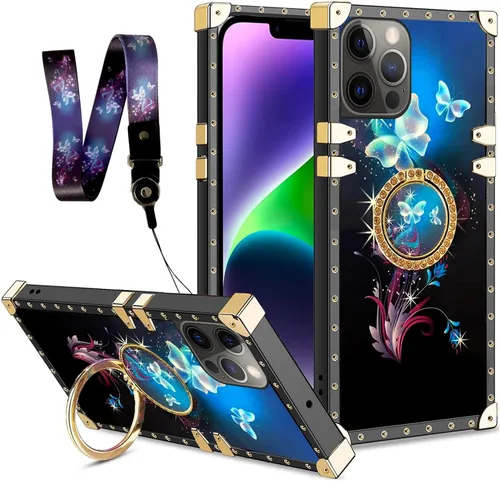 Vista 19 de nancheng Funda para iPhone 15, diseño de flor de mariposa azul, TPU suave, a prueba de golpes, con soporte de anillo y cordón a juego, elegante