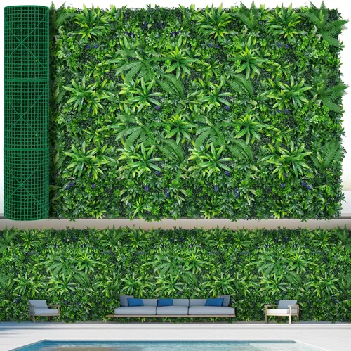 Vista 14 de Paneles de pared de césped de 20 x 20 pulgadas, 16 piezas de fondo de vegetación artificial con hojas resistentes a los rayos UV, decoración
