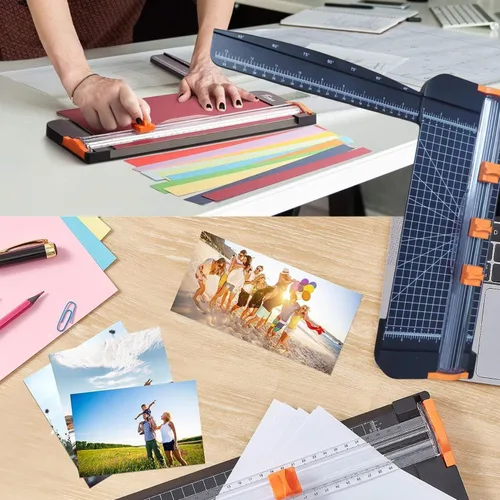 Vista 6 de Cortador de papel A4, cortador de papel portátil, herramienta de álbum de recortes de titanio de 12 pulgadas con 3 cuchillas de repuesto con regla