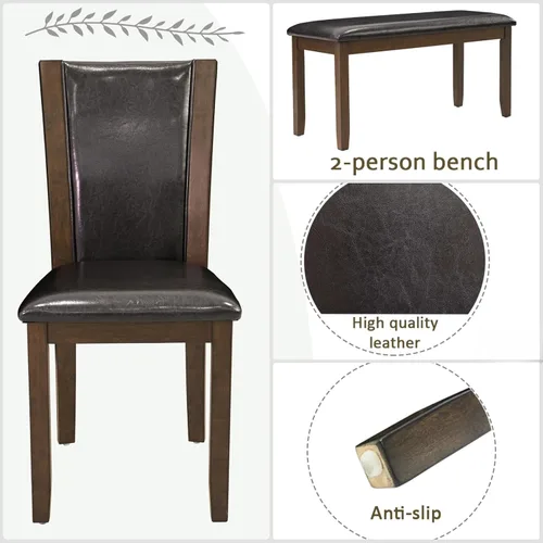 Vista 9 de Juego de mesa de comedor para 6, juego de mesa de comedor de 6 piezas estilo granja con mesa rectangular, 4 sillas tapizadas con respaldo y banco