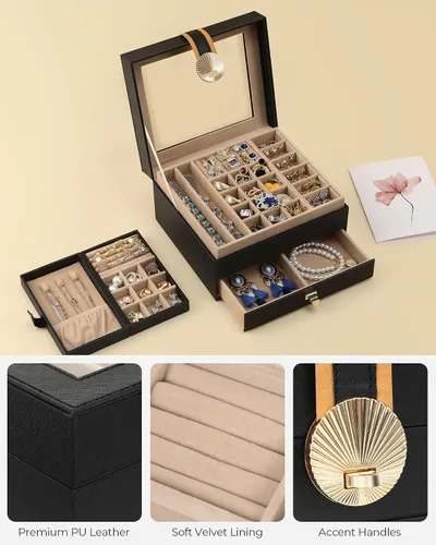 Vista 4 de Hzuaneri Joyero de 3 capas, organizador de joyas con tapa de vidrio, 1 soporte individual para joyas, 1 cajón, estuche de joyería de piel sintética