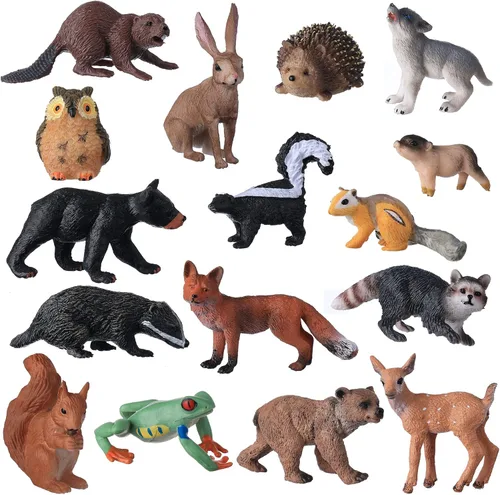 Vista 4 de JOKFEICE Figuras de animales pequeños para niños, 16 figuras realistas de animales del bosque, figuras de criaturas del bosque, juguetes educativos