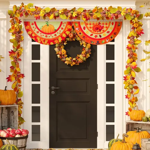 Vista 7 de Breling 4 banderas de Acción de Gracias para exteriores de 3 x 1.5 pies, con diseño de calabaza, pavo, otoño, plisada, para colgar en el patio