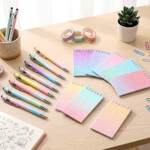 Vista 6 de Sherr Juego de 16 bolígrafos y cuadernos con purpurina, mini bloc de notas en espiral, bolígrafos elegantes para niños y niñas, lentejuelas