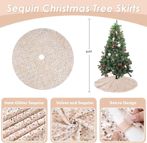 Vista 3 de Faldón para árbol de Navidad dorado champán de 24 pulgadas, redondo, mini, con lentejuelas, para decoraciones de vacaciones, faldón para árbol