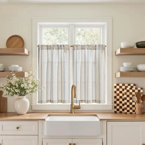 Vista 24 de Jinchan - Cortinas de lino a rayas para cocina, 24 pulgadas, beige, 2