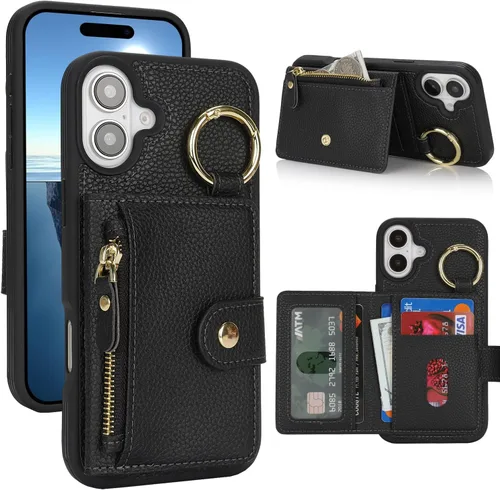 Vista 33 de Funda para iPhone 14 Plus con tarjetero, color negro Funda con cremallera y ranura para mujer y hombre