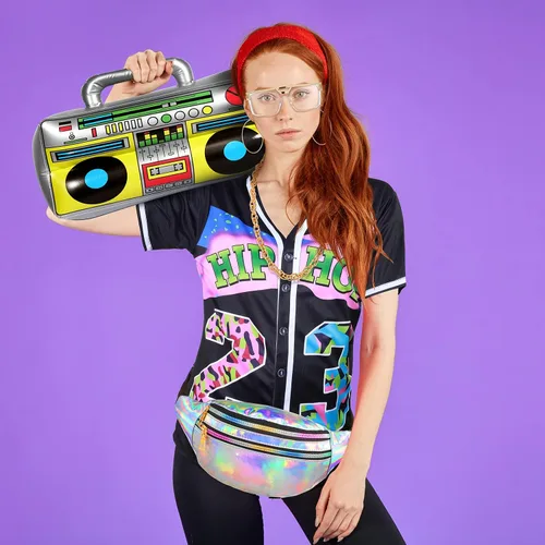 Vista 5 de Traje de los años 8090 para mujer, kit de disfraz de hip hop, accesorios de rapero de los años 90, camiseta de béisbol, riñonera, pantalón de yoga